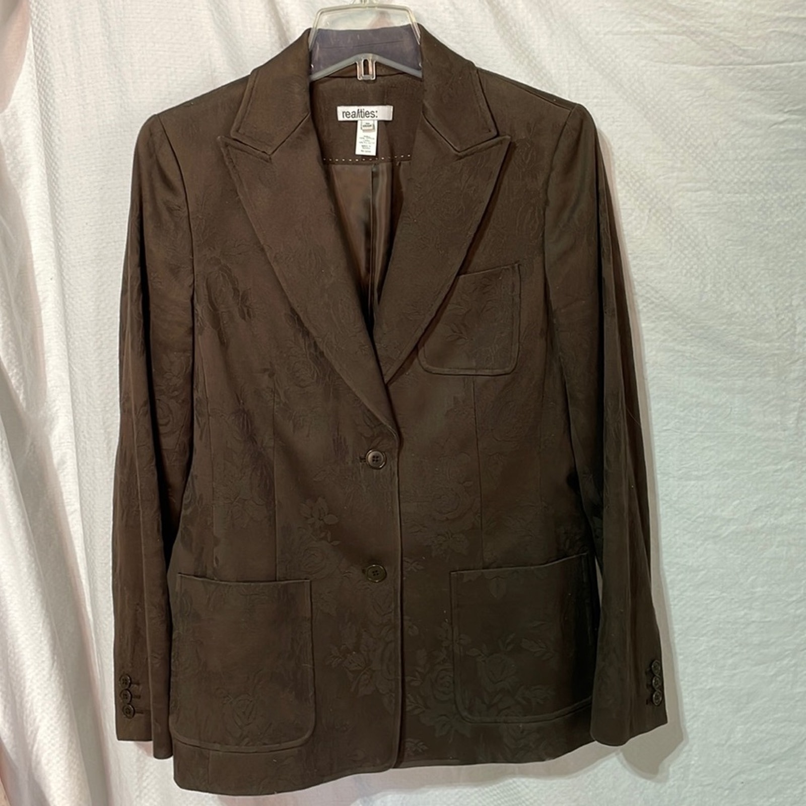 Realities 10 Brown On Brown Floral Cotton Lined Jacket Pockets Fitted Style Euc